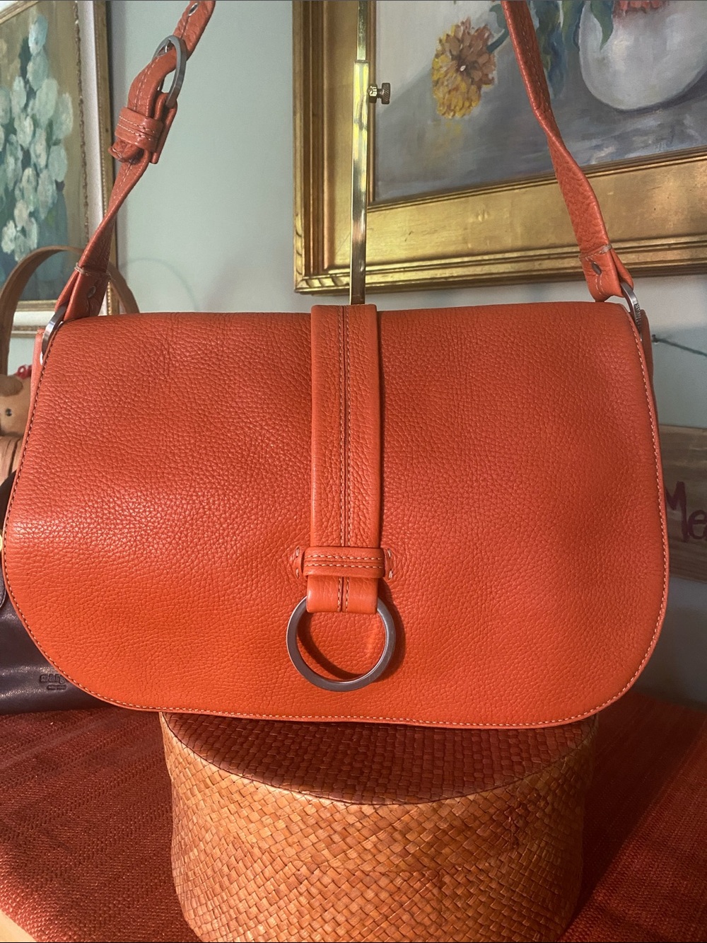 Cole Haan Orange Pebbled Leather Flap Top Shoulder Saddle Bag Purse Large